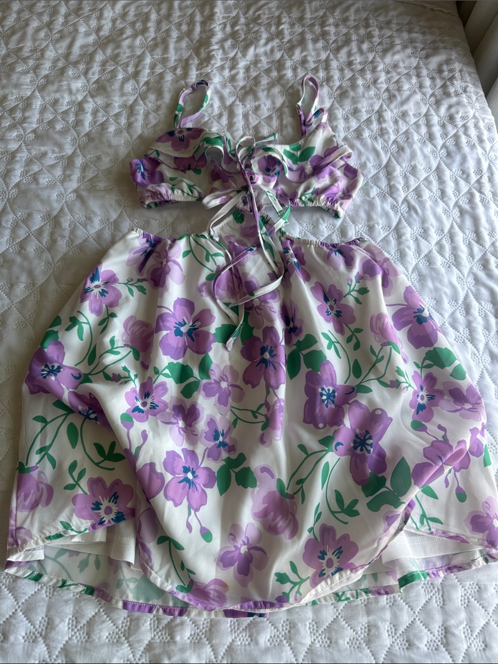 Princess Polly White Floral Cutout Dress with Purple & Green Print